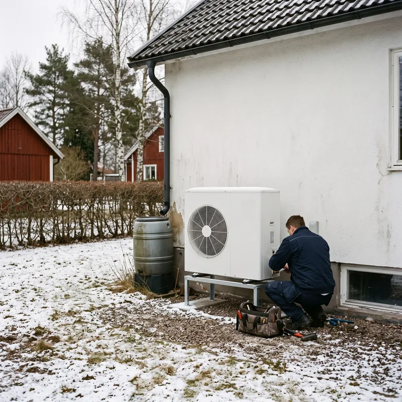 Luft/vattenvärmepumpens utedel vid en vit villa en vinterdag